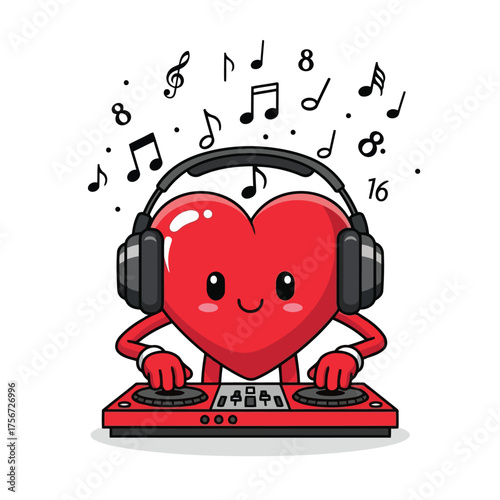 Vector art of a cute cartoon heart character wearing headphones and playing on a dj set, with musical notes floating above