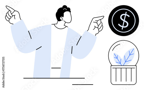 Person gesturing at dollar sign and plant in container, representing choice between profit and eco-consciousness. Ideal for finance, sustainability, ethics, responsibility, innovation, business