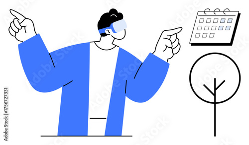 Person in VR headset pointing at calendar and tree illustration, emphasizing immersive experience. Ideal for technology, innovation, planning, ecology, future, time management, simple flat metaphor