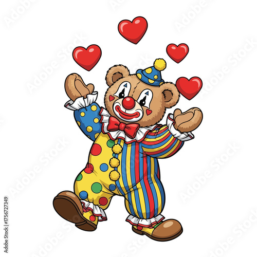 Vector art of joyful teddy bear clown in a colorful polka dot and striped costume, juggling red hearts