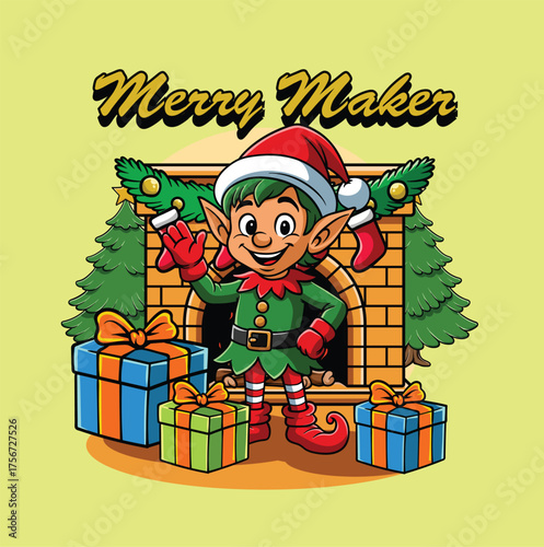 Cute illustration of Cheerful Christmas Elf in Vintage Style