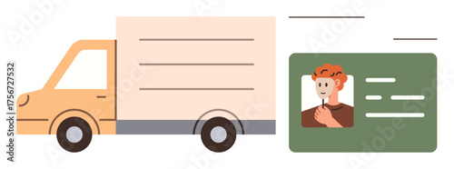 Delivery truck next to a driver ID card with photo and details. Ideal for transport, logistics, shipping, courier services, delivery verification, supply chain, and fleet management. A simple flat