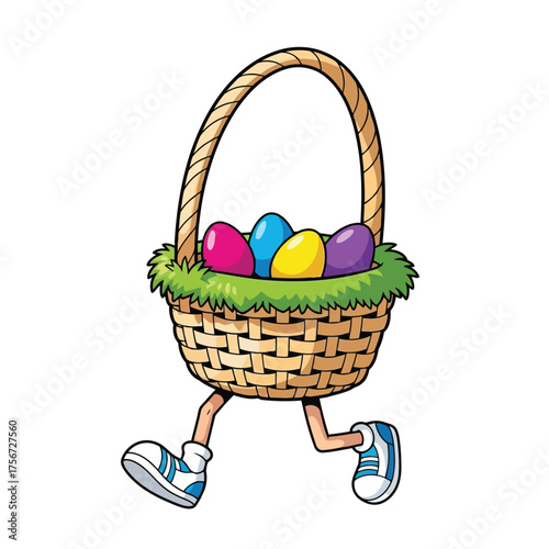 Vector art of a cartoon easter basket filled with colorful eggs with legs and feet walking