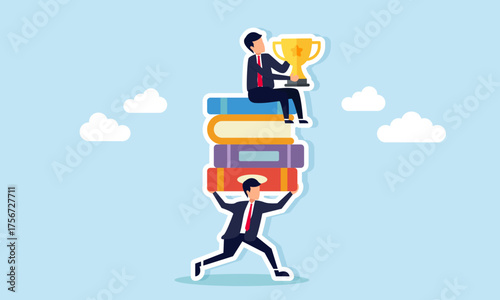 businessman lifting stack of books and another businessman holding trophy illustration of hard work to achieve goals and vision to be the best business