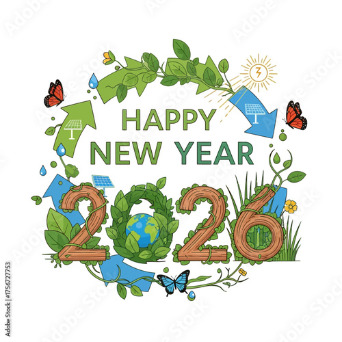 Celebrate a greener 2026 with sustainable energy and environmental awareness for a happy new year promoting renewable solutions and a brighter future