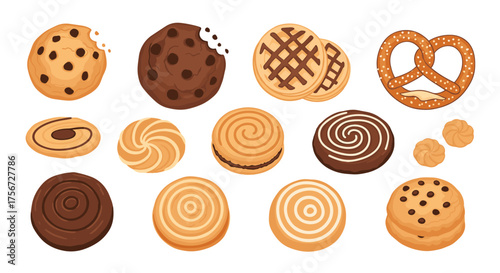 A variety of cookies and pretzels are displayed on a white background.