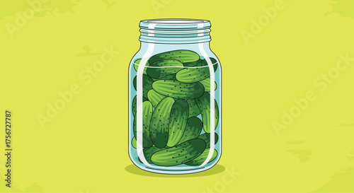A jar full of pickles sits on a yellow background. .