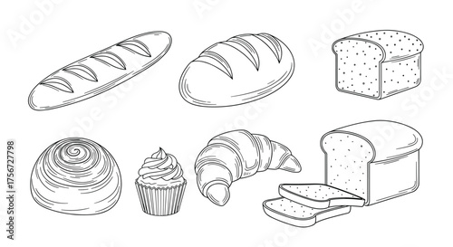 A collection of different types of bread and pastries arranged in two rows.