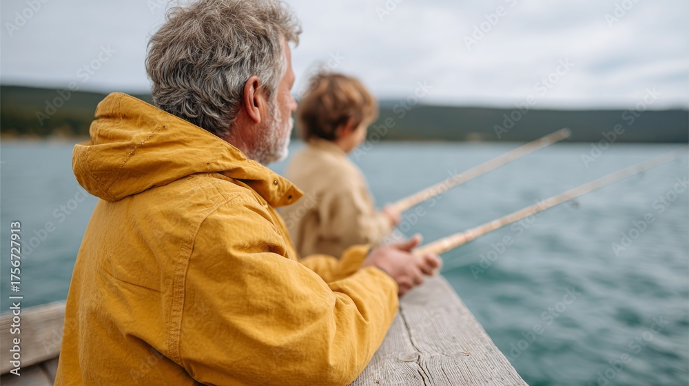 Fototapeta premium Man and child fishing at pier.