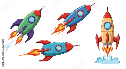 A collection of colorful rockets launching into space with fiery trails.