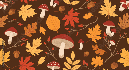 A delightful seamless pattern of autumn leaves and mushrooms.