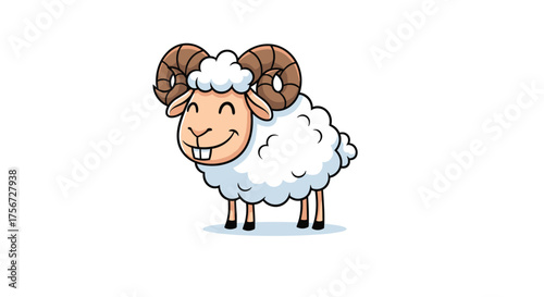 An adorable fluffy cartoon ram with large curling horns smiles brightly.