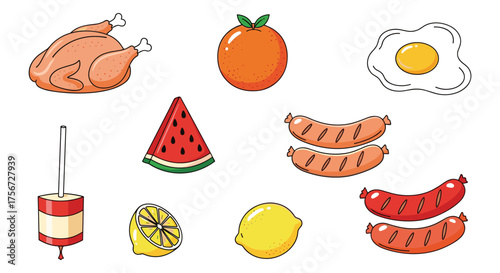 A collection of delicious foods including roasted chicken watermelon and sausages.