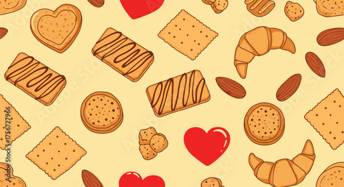 A delightful assortment of baked goods and sweet treats appears on a pale yellow background.