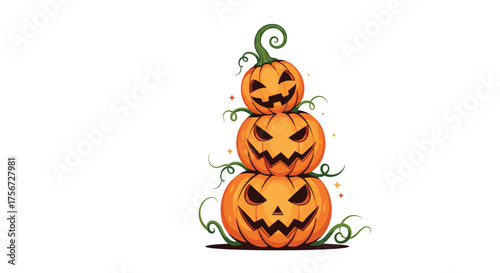 A spooky stacked tower of carved pumpkins for halloween celebrations.