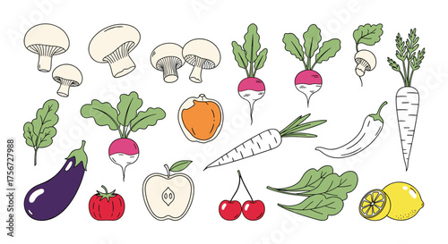A collection of fresh healthy vegetables and fruits arranged on a white background.
