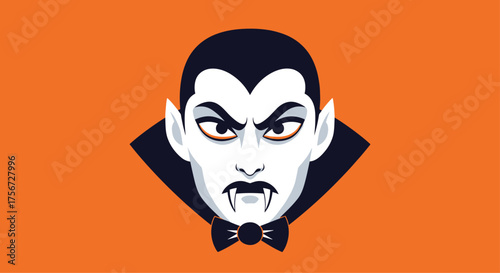 A cartoon vampire with sharp fangs and pointy ears on an orange background.