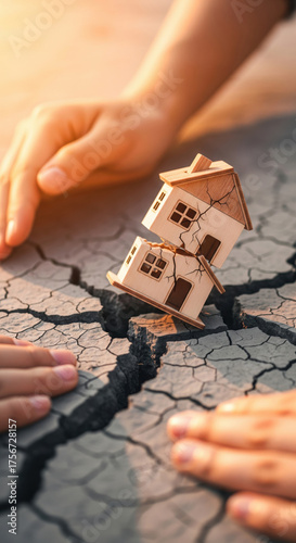 Broken house earthquake cracked ground disaster destruction risk safety emergency hands protection. small model house sits on large crack in dry earth symbolizing vulnerability and concern
