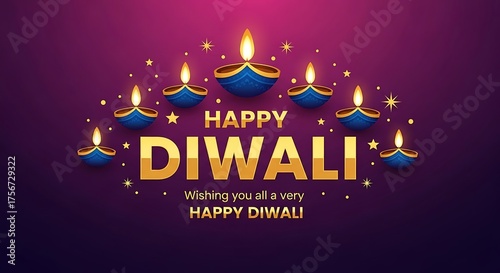 Festive diwali celebration with glowing diya lamps and golden text wishing happiness on a purple background for the hindu festival of lights celebration