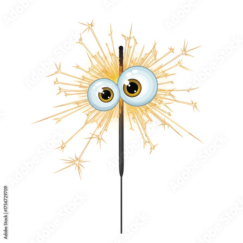 Vector art of a whimsical sparkler with cartoon eyes, isolated on a, creating a fun and festive holiday or celebration element