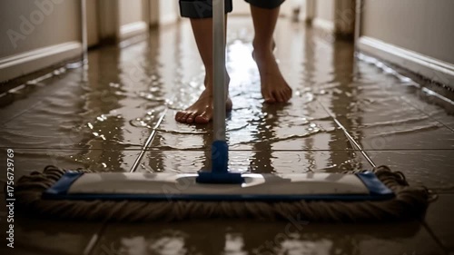 Persons Bare Feet Mopping a Flooded Tiled Hallway in a Home