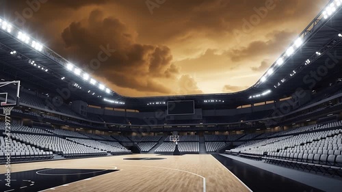 Professional Basketball Arena with Empty Seats Under Dramatic Sky
