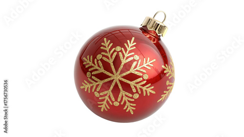 A single red christmas ornament with a gold snowflake pattern, isolated on a transparent background