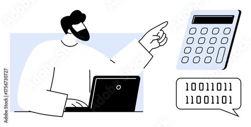 Man using laptop, pointing at calculator with binary code speech bubble. Ideal for data analysis, coding, programming, technology, education, math tutoring software tools. Simple flat metaphor