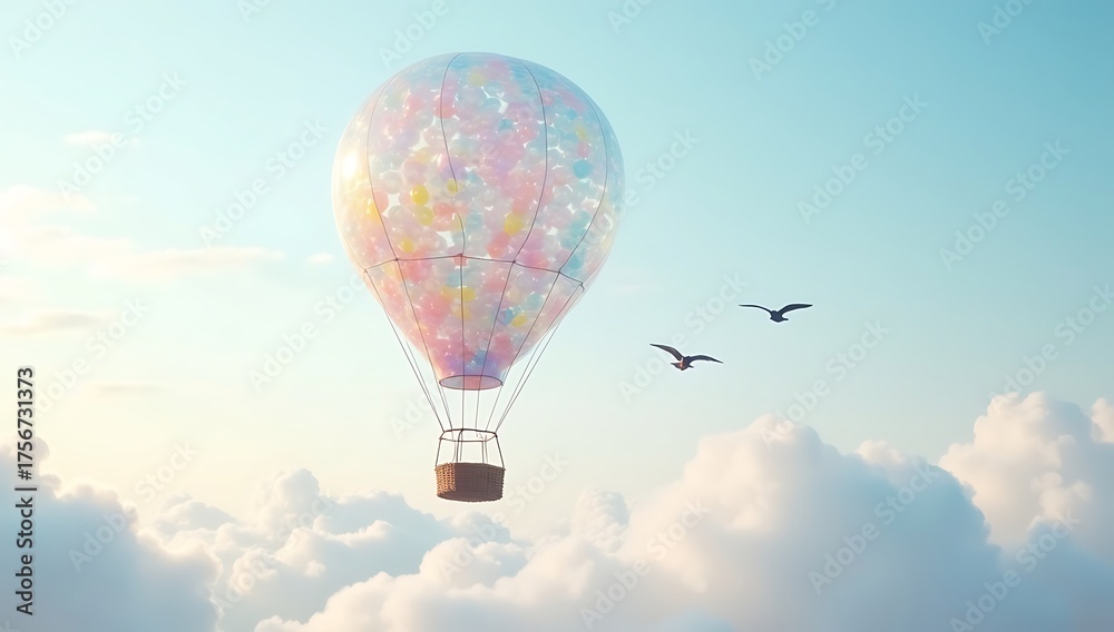 Fototapeta premium A transparent hot air balloon formed from floating soap bubbles — playful surreal concept of lightness and dreams. 