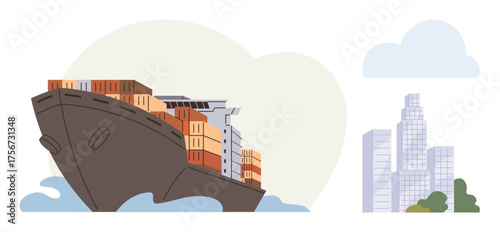 Cargo ship loaded with colorful containers on ocean waves close to a contemporary city skyline. Ideal for global trade, transportation, logistics, urbanization, economy, commerce, shipping industry