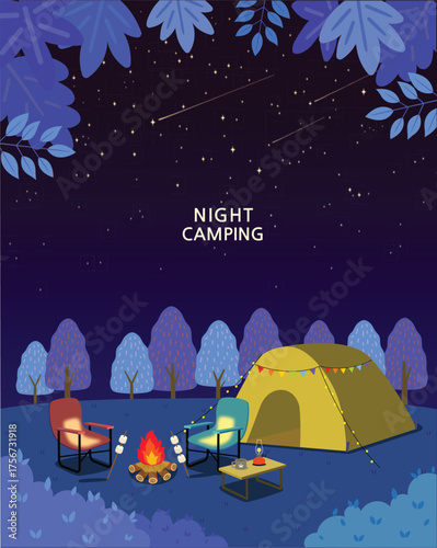 A cozy night camping under a starry sky, roasting marshmallows by the warm campfire.
