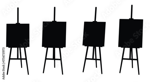 Four easels with blank canvases in silhouette isolated on white background