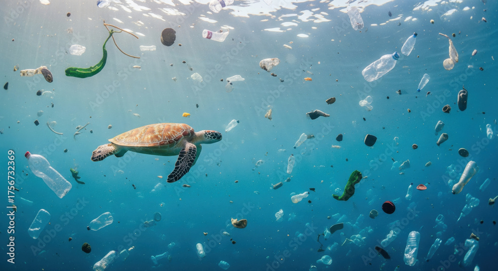 Naklejka premium Sea turtle swimming among floating plastic waste, pollution, and debris in blue ocean water, highlighting environmental impact and marine conservation issues