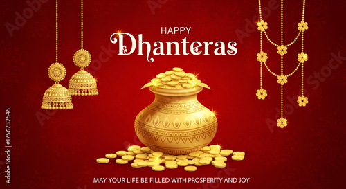 Happy Dhanteras Golden Pot and Coins Illustration for Diwali