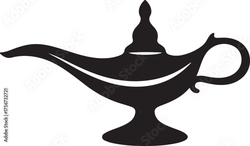 Arabic Genie Lamp Black Silhouette Vector, Magic Aladdin Lamp Art & Oriental Design