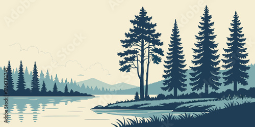 Peaceful natural landscape featuring pine trees reflected in calm, clear blue water.
