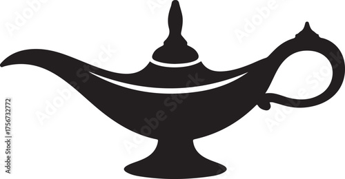 Arabic Genie Lamp Black Silhouette Vector, Magic Aladdin Lamp Art & Oriental Design
