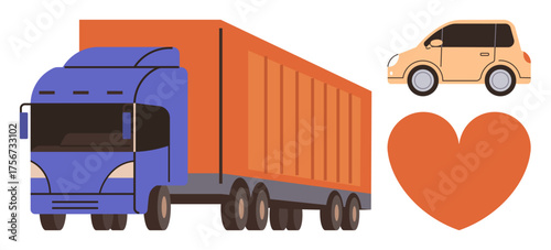Blue truck, orange car, and heart symbol representing logistics, transport, shipping, vehicle safety, and eco-friendly driving. Ideal for fleet management, sustainability fuel efficiency delivery