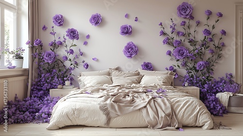 Stylish floral wall design for cozy bedroom high resolution image