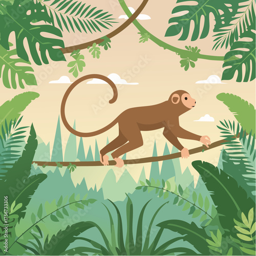 Monkeys leap through lush rainforest branches.