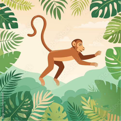 Monkeys leap through lush rainforest branches.