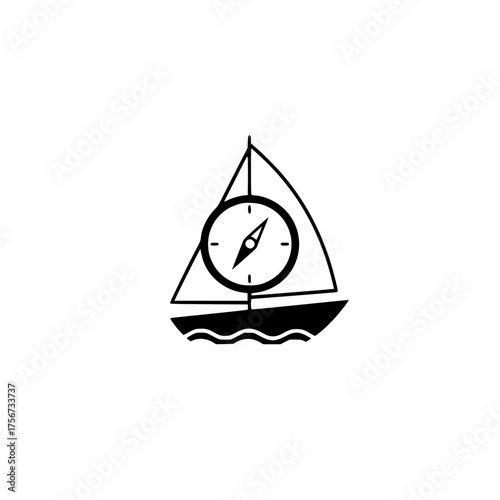 Sailing boat with compass icon, navigation and travel concept