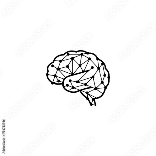 Polygonal Brain with Network Connections Icon: AI, Machine Learning, Data Processing, or Digital Intelligence Concept