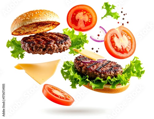 Delicious 3D Floating Burger Ingredients Exploding with Flavor