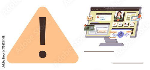 Exclamation mark triangle and computer monitor with charts, messages, graphs, person photo, and documents. Ideal for cybersecurity, alert, caution, threat management awareness notification simple