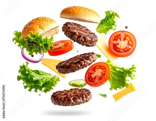 Deconstructed Ingredients for a Classic 3d Burger in Mid Air