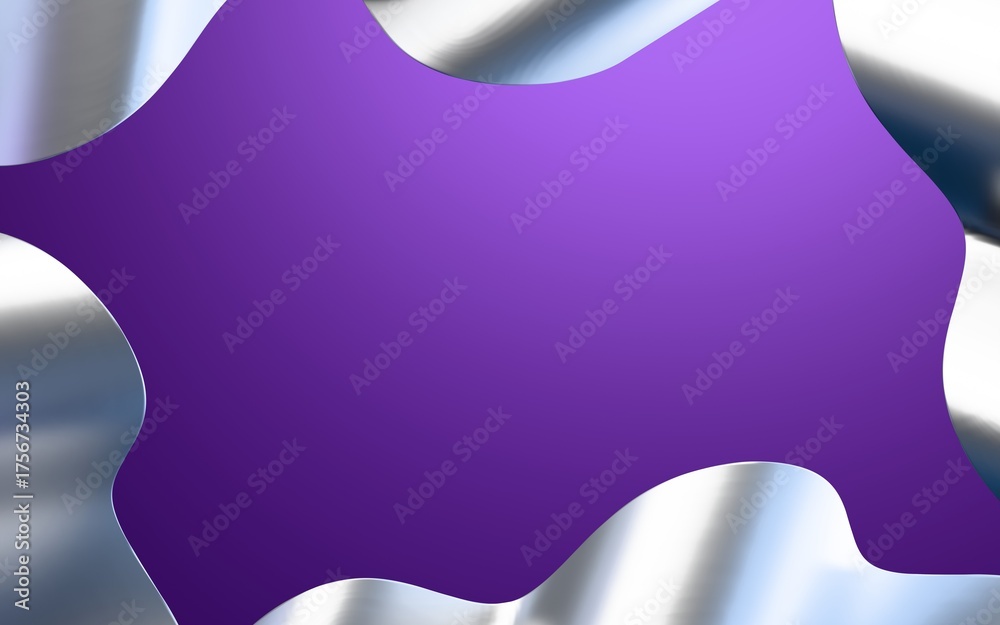 Fototapeta premium Abstract metallic silver waves frame a vibrant purple background with space.