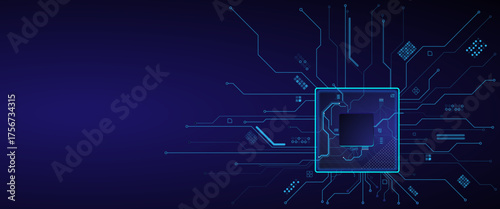 CPU with Light Glowing Neon Frame on Circuit Board. Abstract digital or semiconductor with circuit board wires and electronics components.