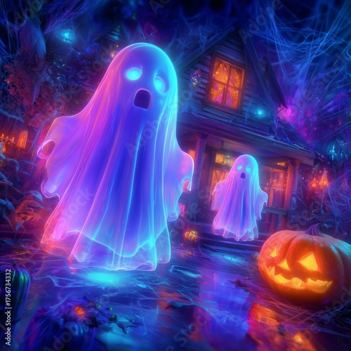 illustration of spooky ghosts and pumpkins in front of a haunted house - Halloween theme