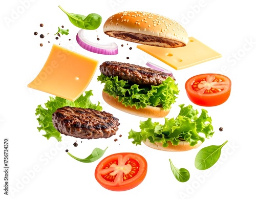Deconstructed Burger Ingredients in a Dynamic 3D Arrangement